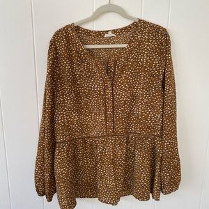 Mustard yellow blouse with black and white dots